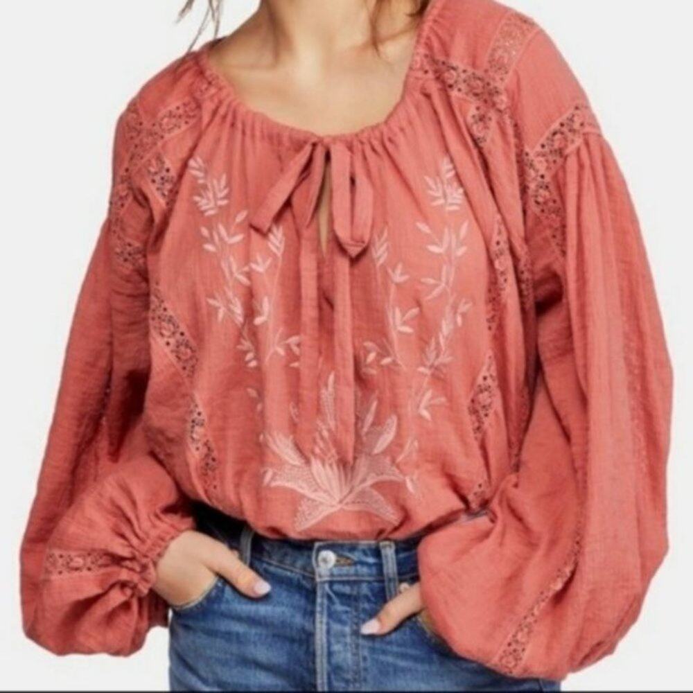 Free People Maria Maria Crochet Embroidered Blouse Top Size XS